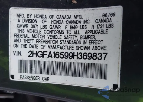 2009 Honda Civic Lx из США, поврежденный, VIN 2HGFA16599H369837